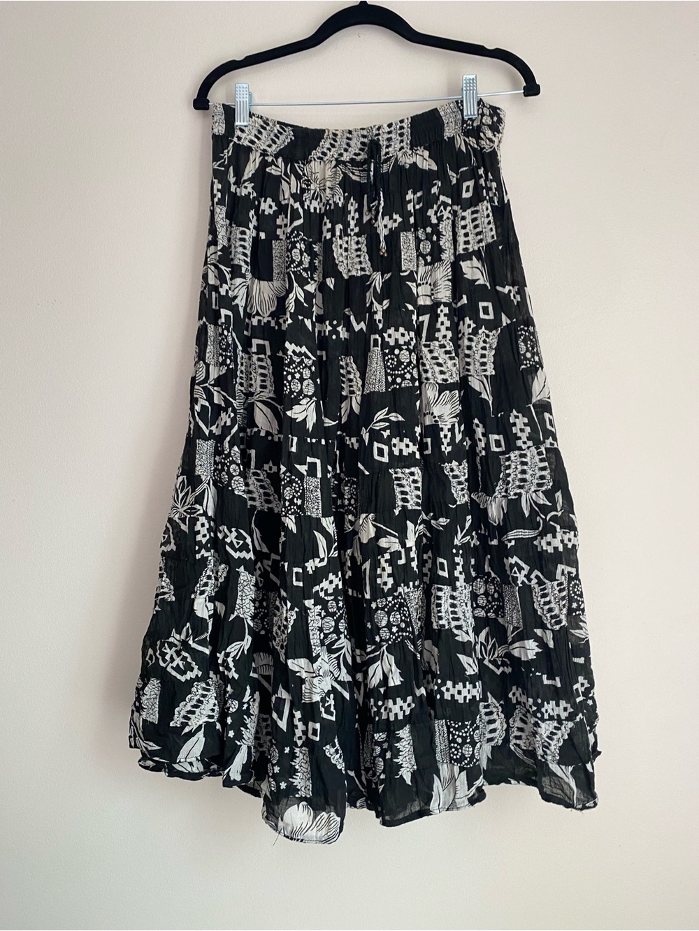Silver stream vintage skirt tiered boho broomstick skirt black & white abstract